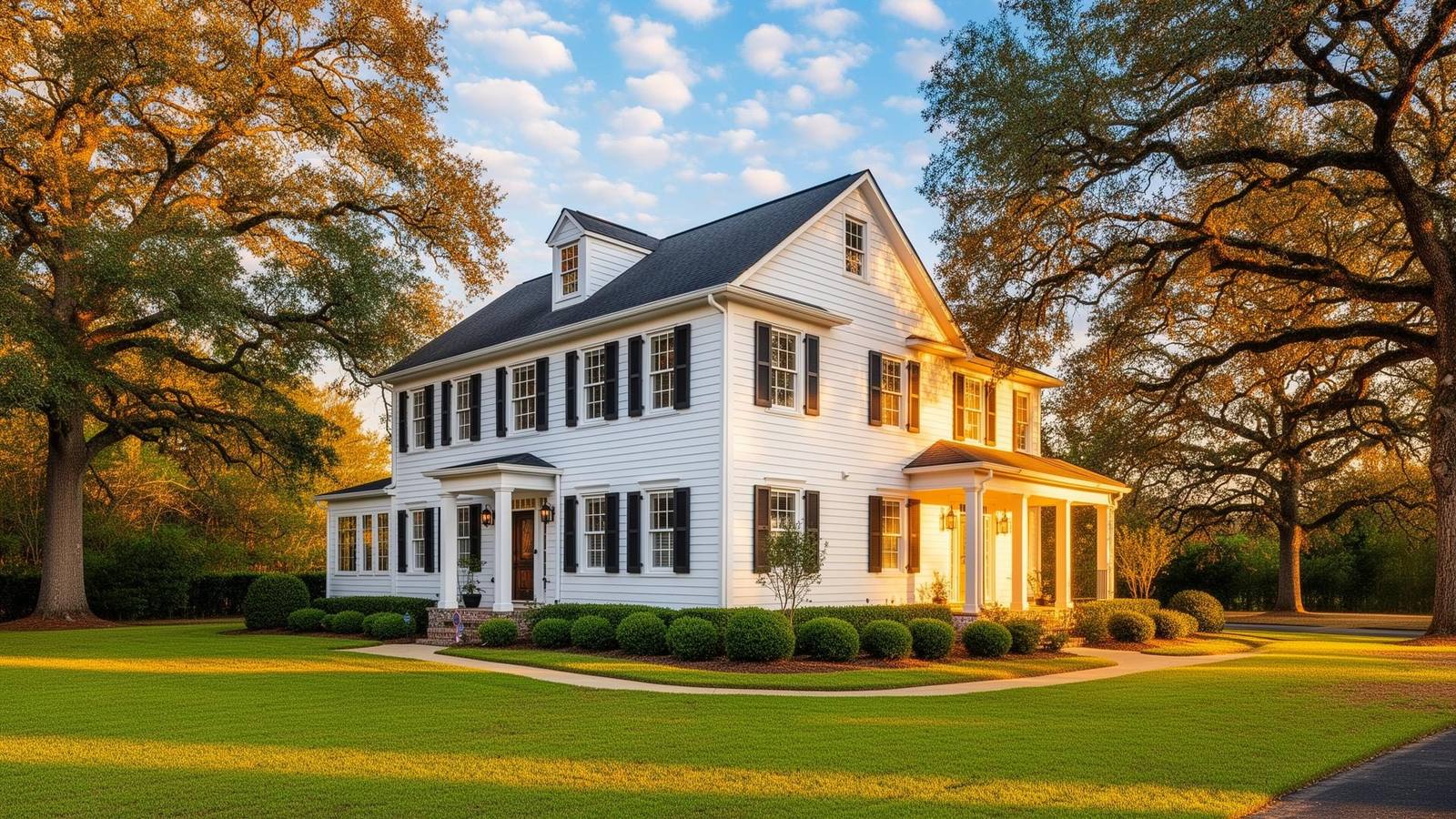 Freshly soft washed white southern home in Madison, GA at golden hour